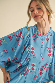 Blue Floral Dolman Sleeve Blouse