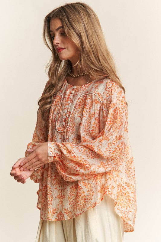 Orange Floral Long Sleeve Blouse