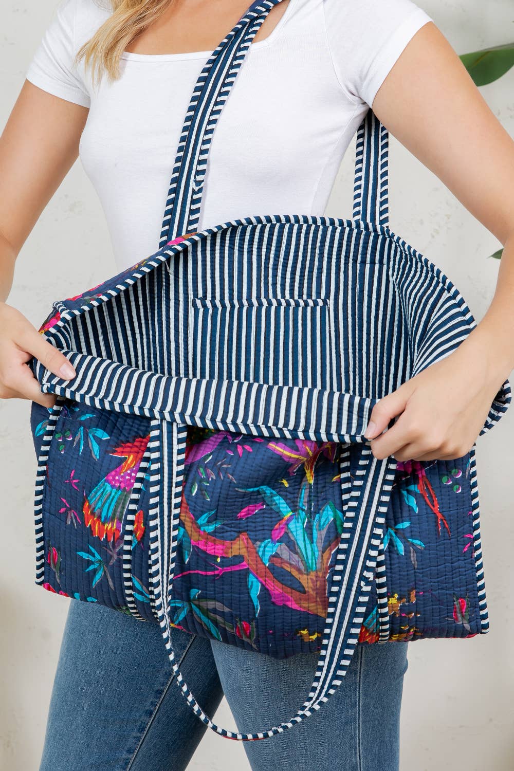 Navy Bird Quilted Tote Bag