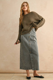 Gray Button Front Washed Skirt
