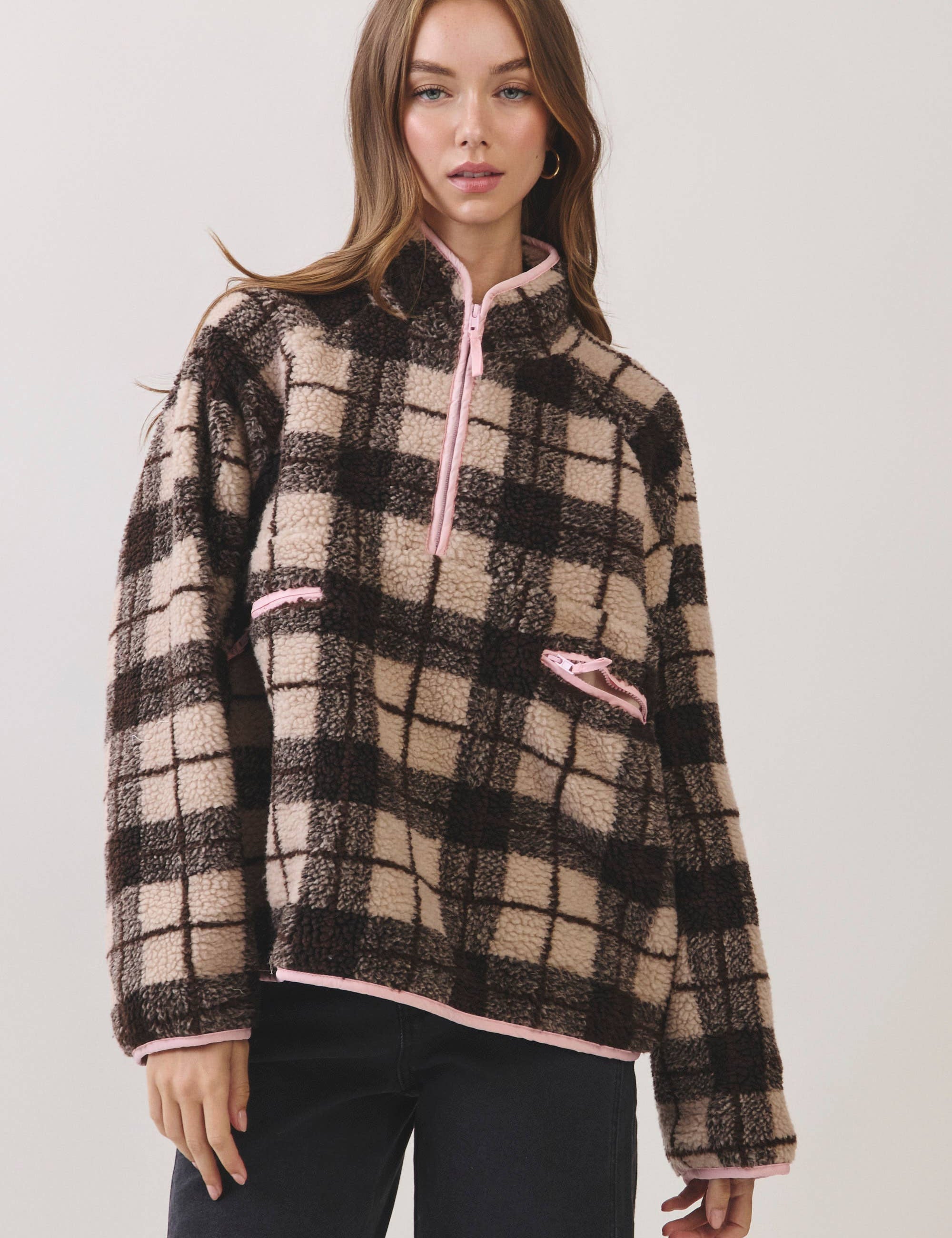 Brown & Pink Plaid Sherpa Half-Zip Jacket showing plaid