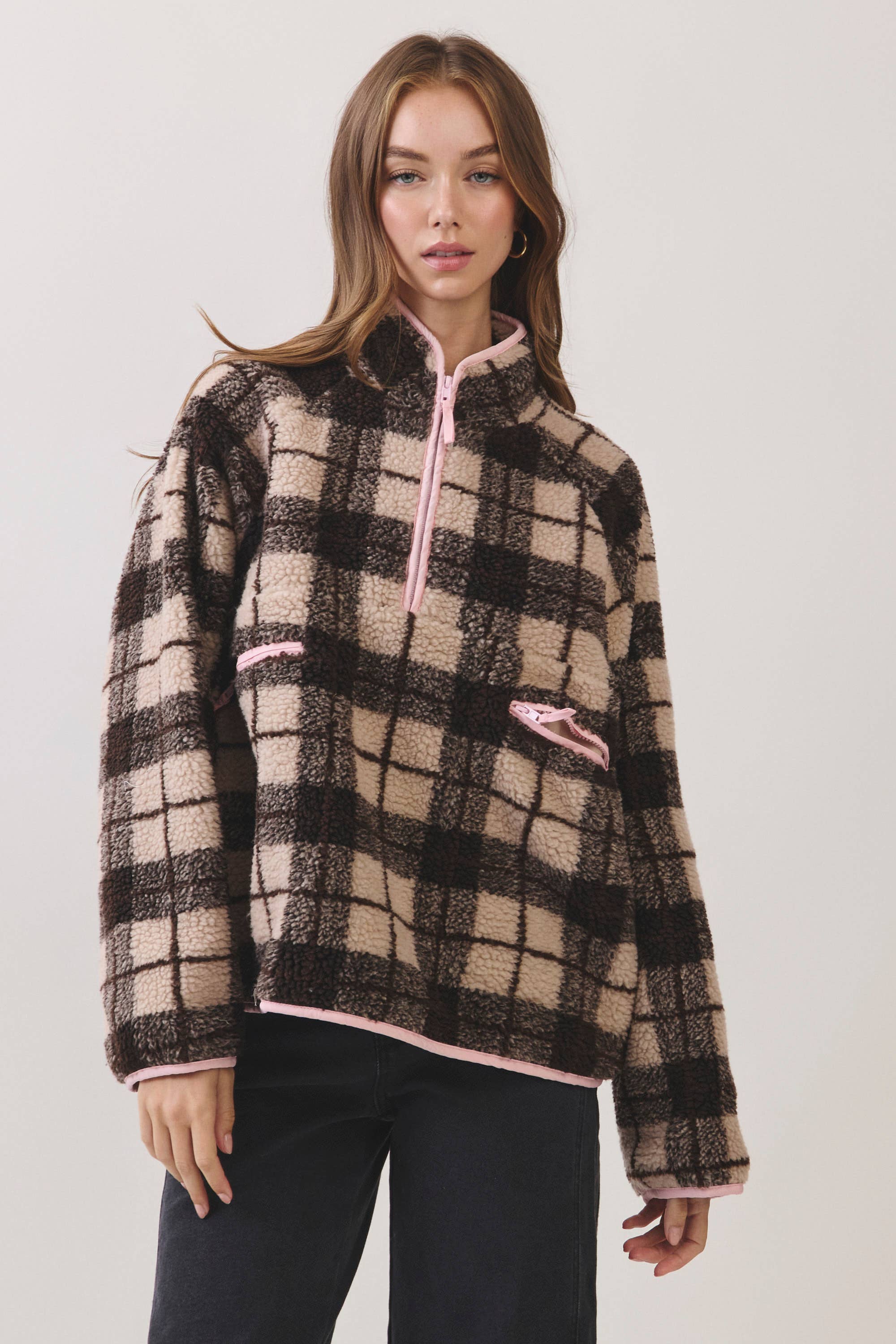 Brown & Pink Plaid Sherpa Half-Zip Jacket showing plaid
