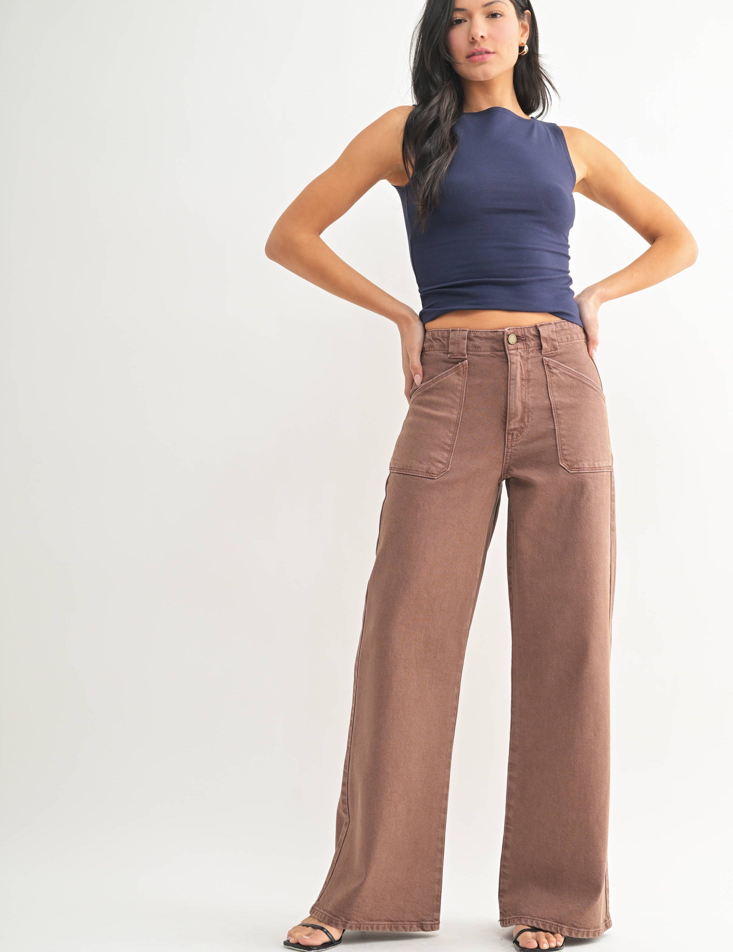 Brown Patch Pocket Wide Leg Flare showing brown