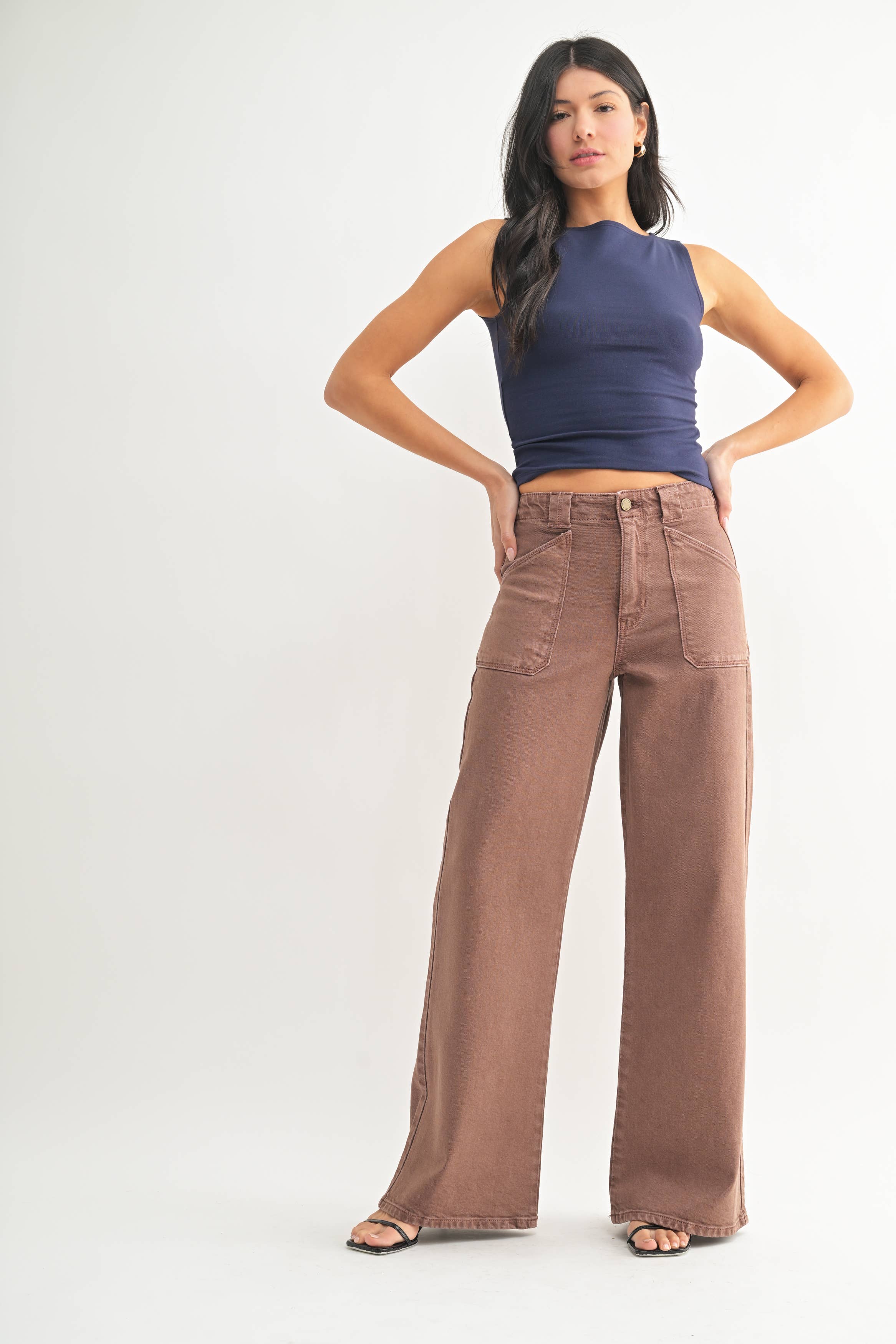Brown Patch Pocket Wide Leg Flare
