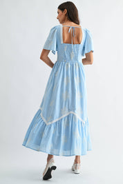 Blue Embroidered Midi Dress