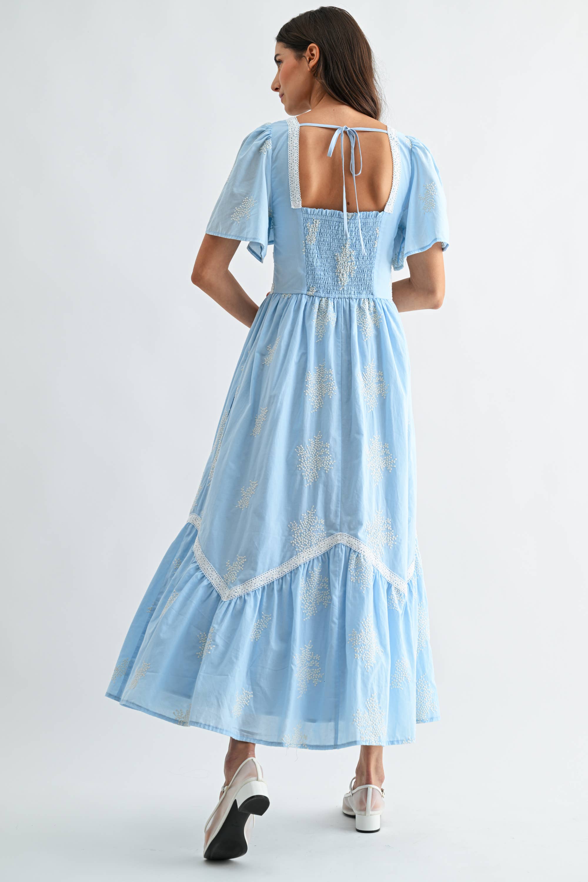 Blue Embroidered Midi Dress