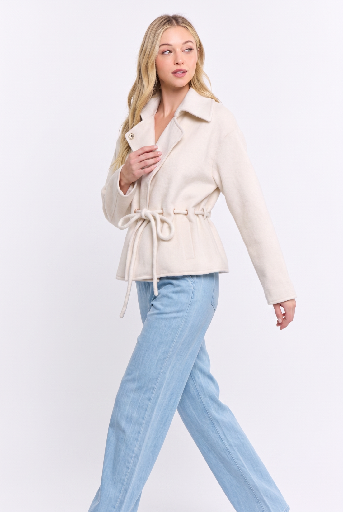 Wool Blend Belted Jacket showing collared