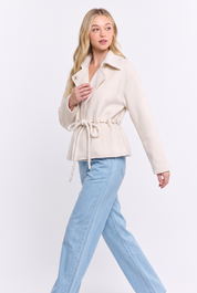 Wool Blend Belted Jacket showing collared