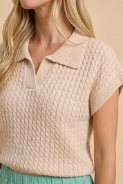 Beige Cable Knit Short Sleeve Sweater