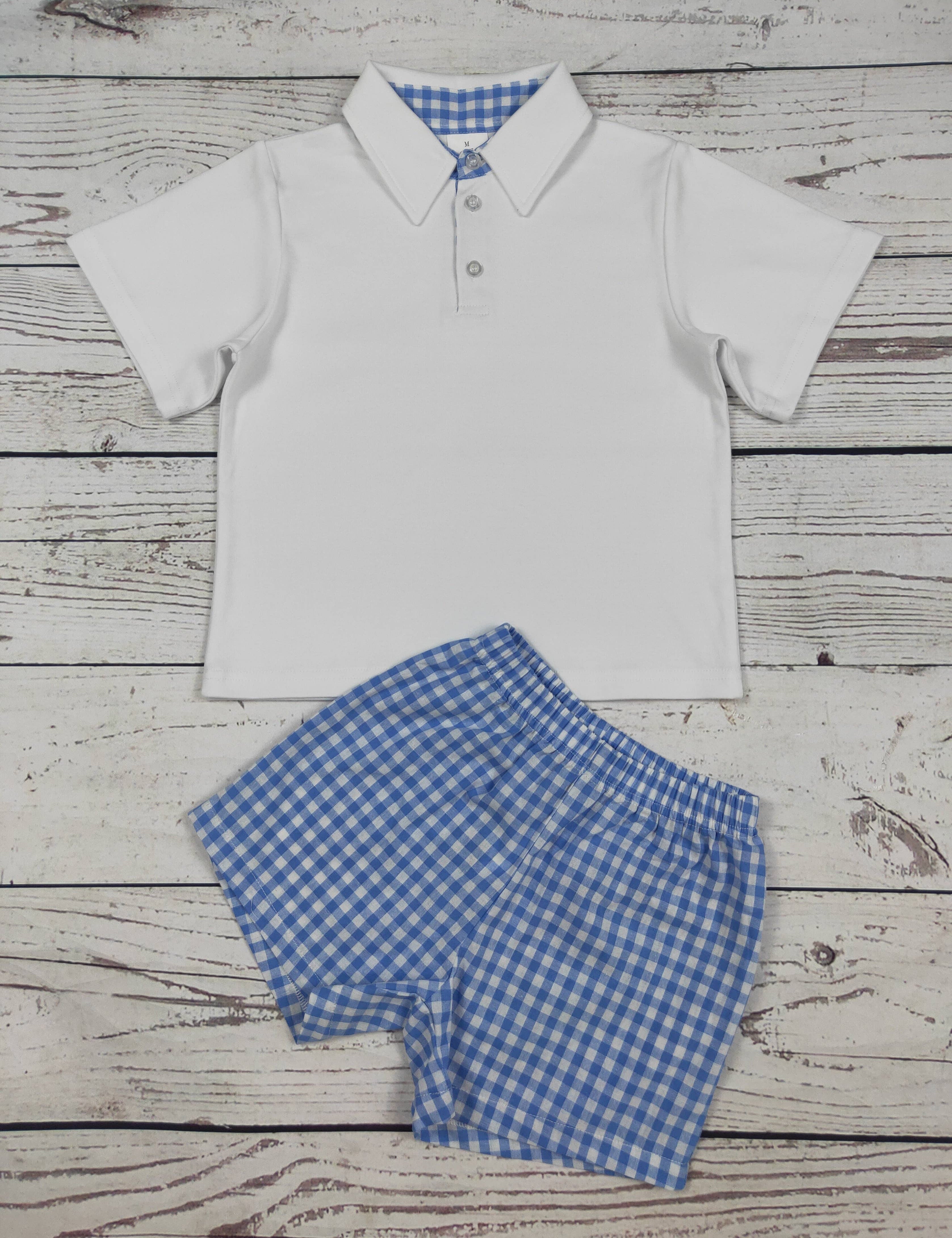 Boy Top & Gingham Set — color: white top with blue and white gingham shorts and two piece shorts set