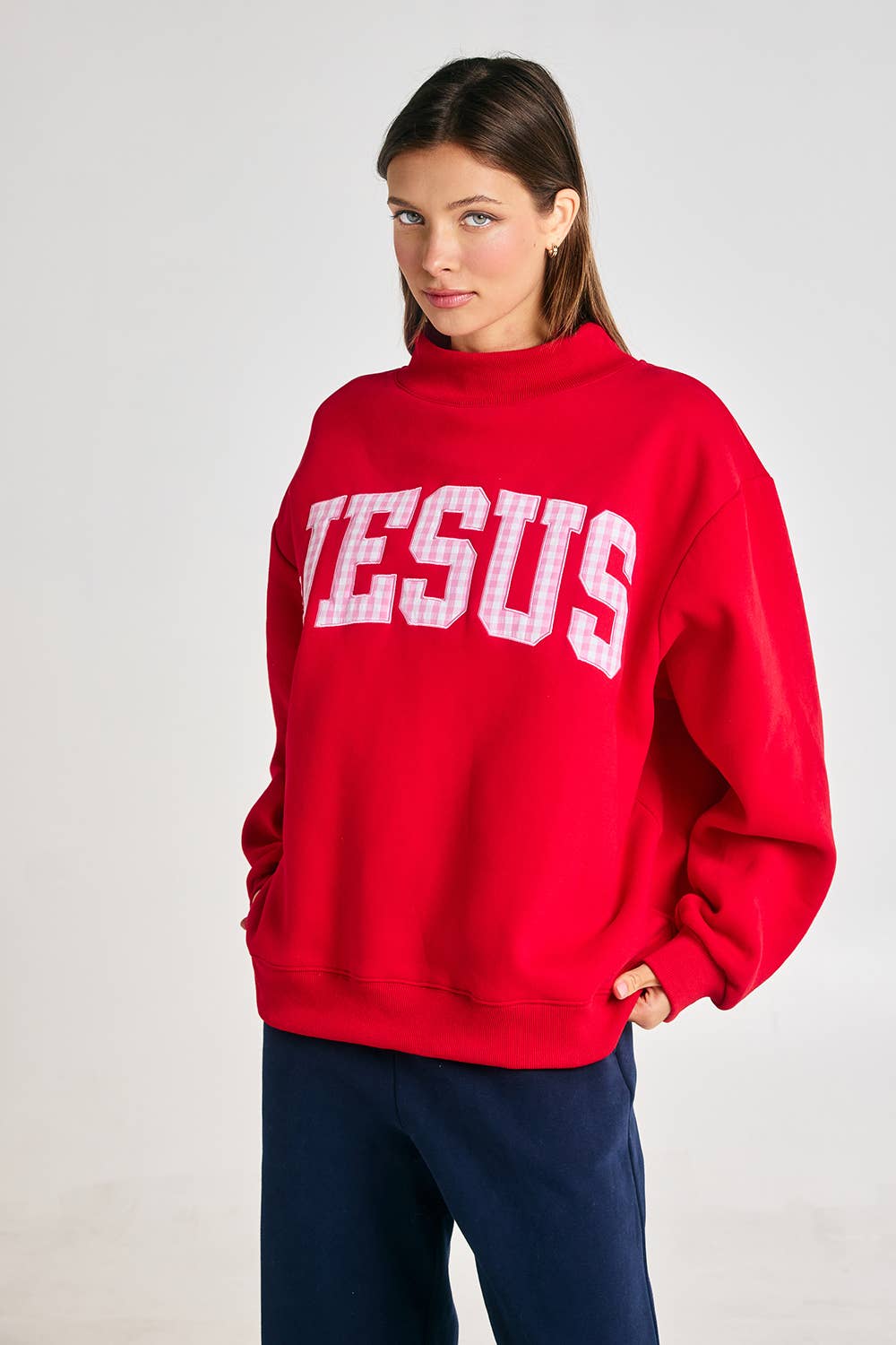 Red & Pink Gingham Jesus Mockneck