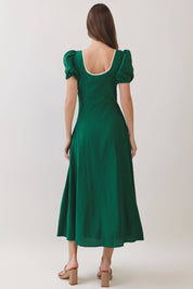 Green Embroidered Puff Sleeve Midi Dress