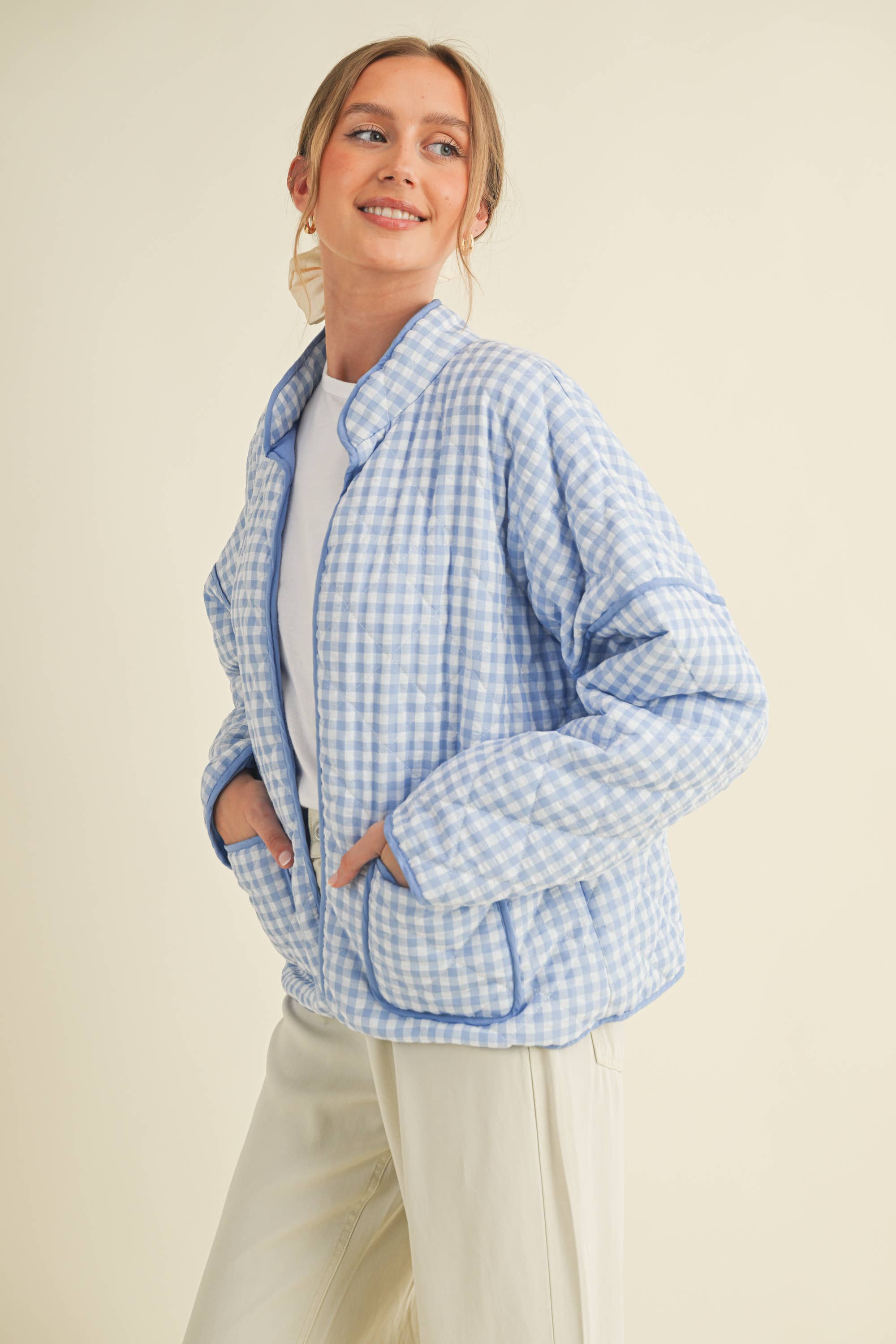 Light Blue Quilted Gingham Jacket showing open front with no closure