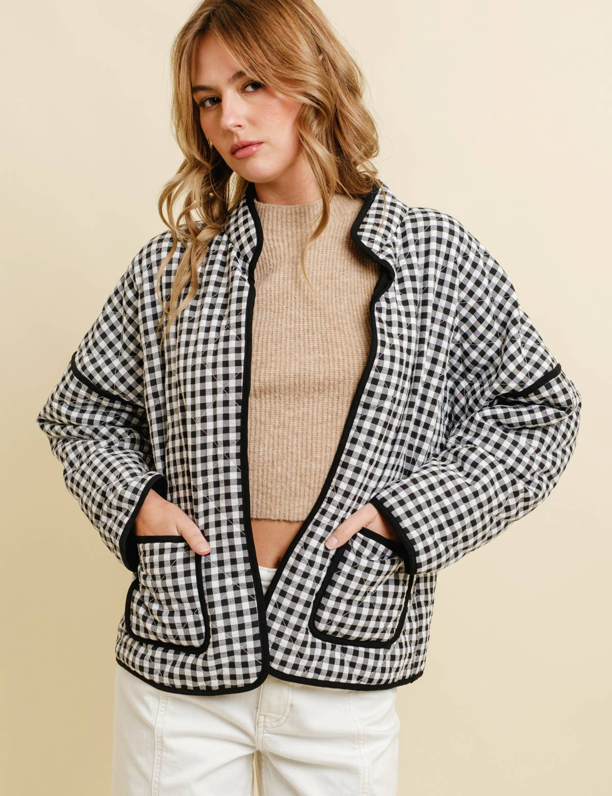 Black Quilted Gingham Jacket — color: black gingham with black trim and quilted throughout