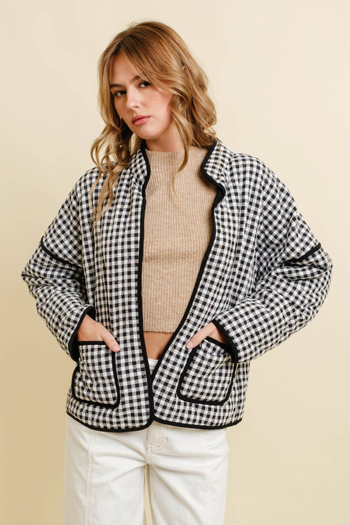 Black Quilted Gingham Jacket — color: black gingham with black trim and quilted throughout