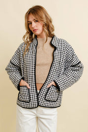 Black Quilted Gingham Jacket — color: black gingham with black trim and quilted throughout