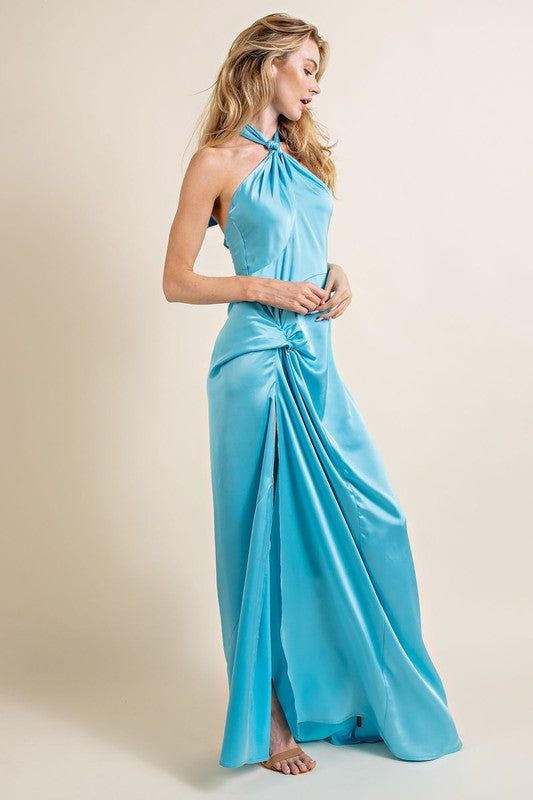 Sky Blue Satin Drape Maxi Dress