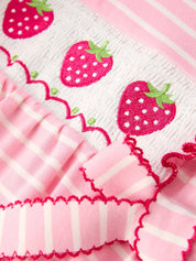 Strawberry Embroidery Pink Stripe Smocked Romper