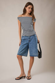 Navy Stripe Off Shoulder Top