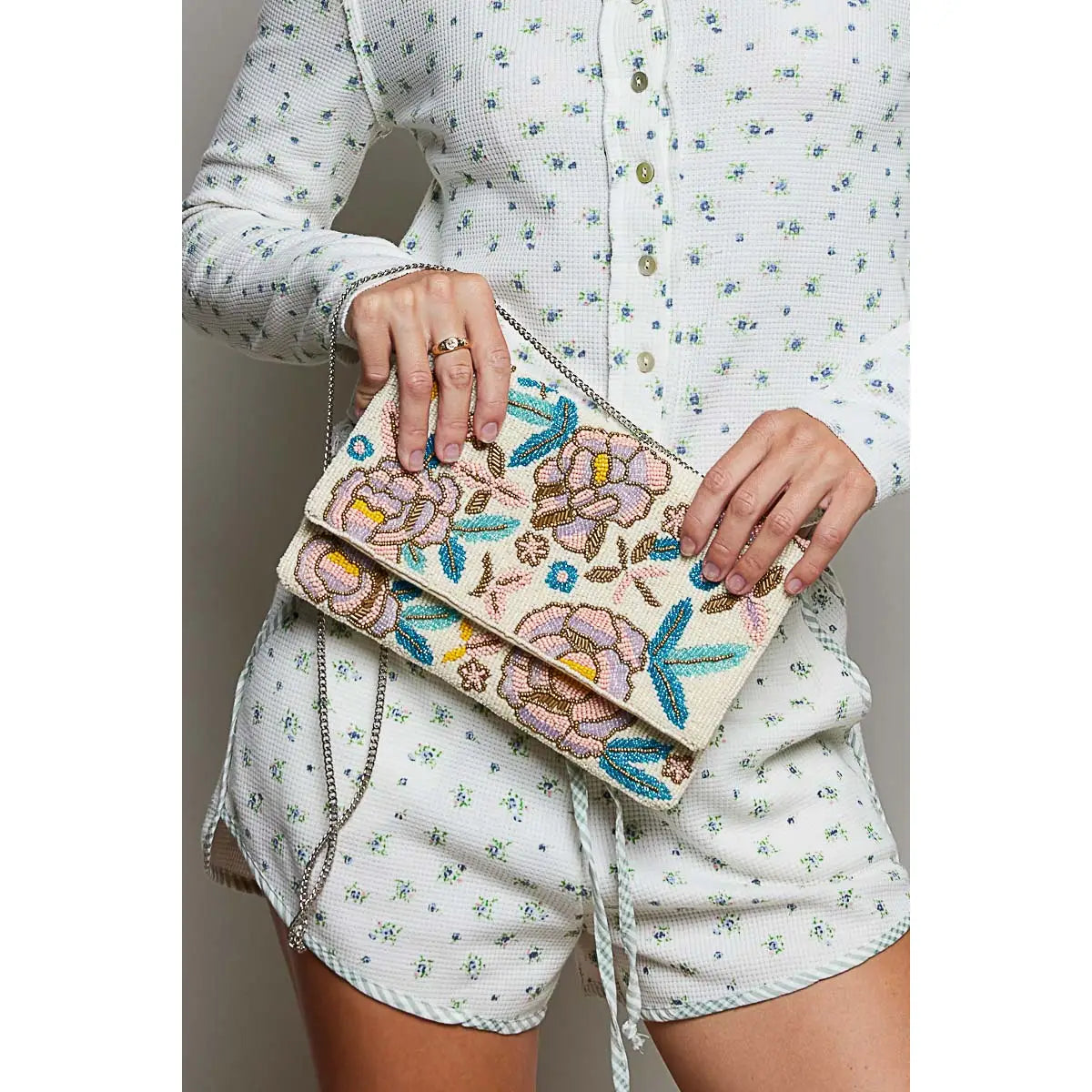 Floral Beaded Crossbody Purse — height: 7" and length: 10-1/2"