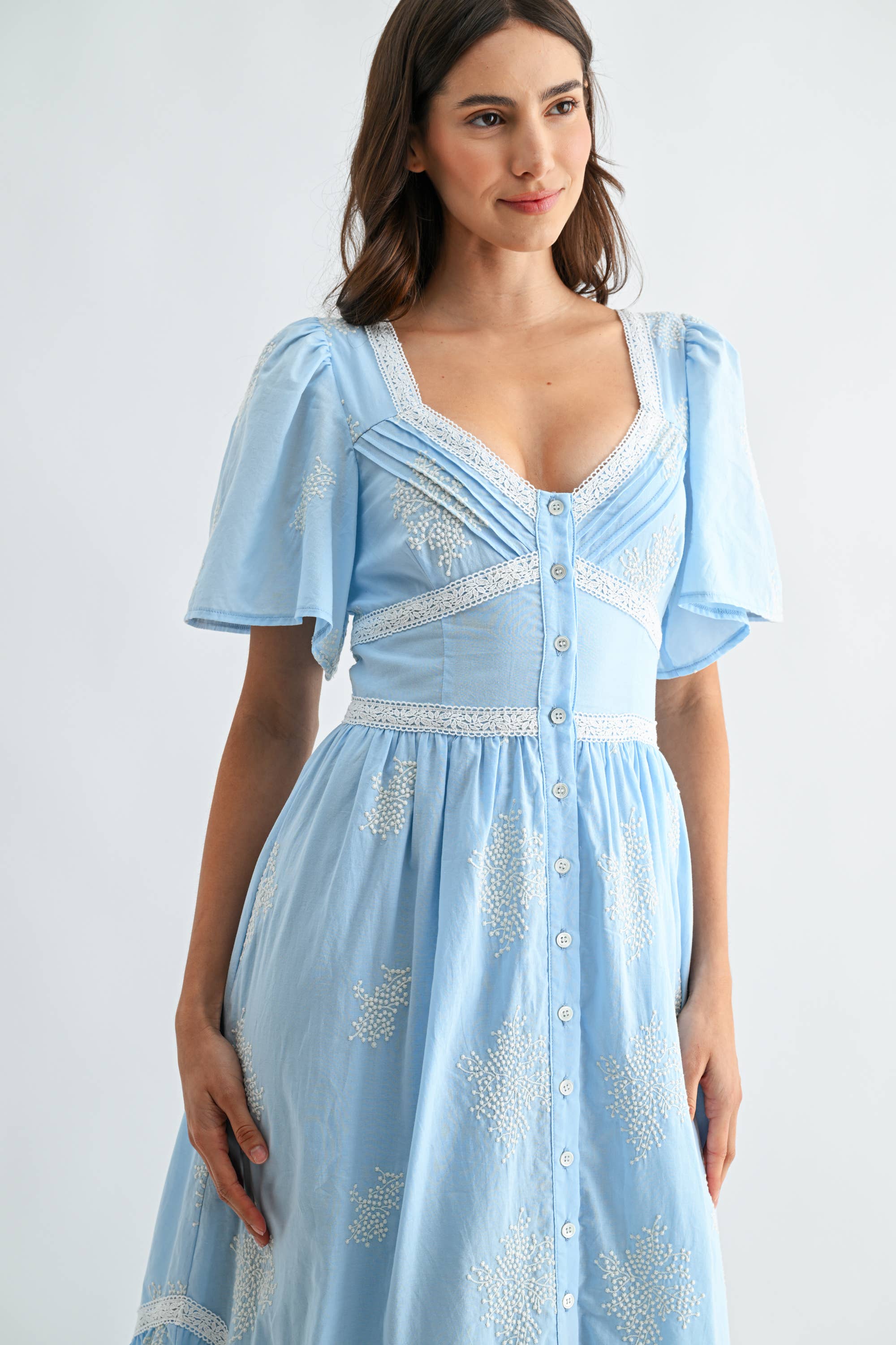 Blue Embroidered Midi Dress