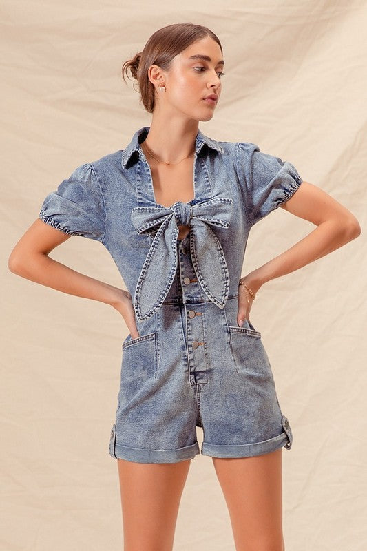 Bow tie denim romper