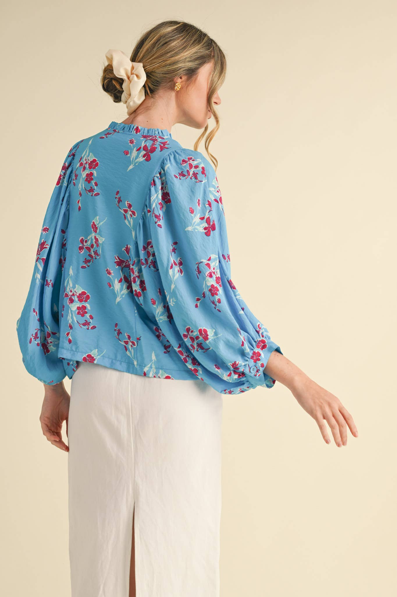 Blue Floral Dolman Sleeve Blouse