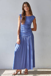 Blue Ruched Side Sleeveless Dress