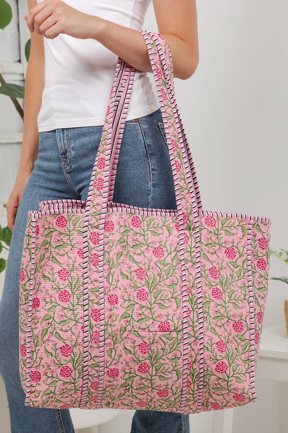 Pink Floral Reversible Quilted Tote Bag