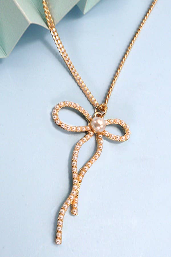 PEARL EMBELLISHED BOW PENDANT NECKLACE | 31N24080: Gold