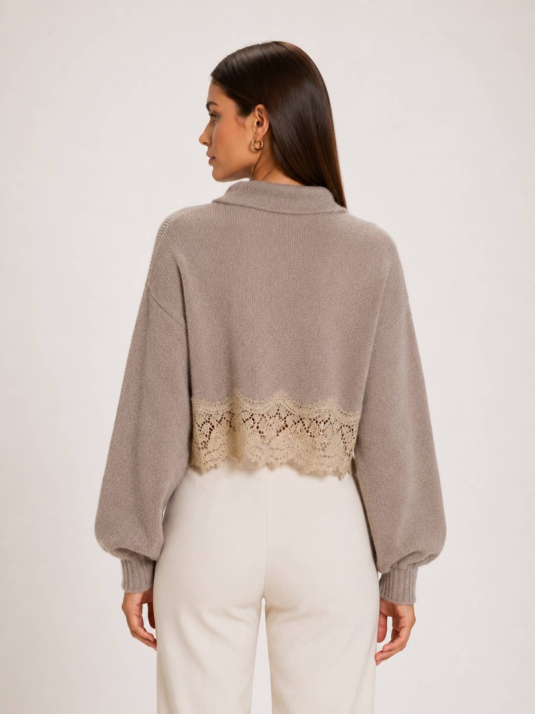 Beige Crop Lace Hem Sweater showing lace hem