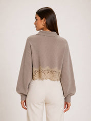 Beige Crop Lace Hem Sweater showing lace hem