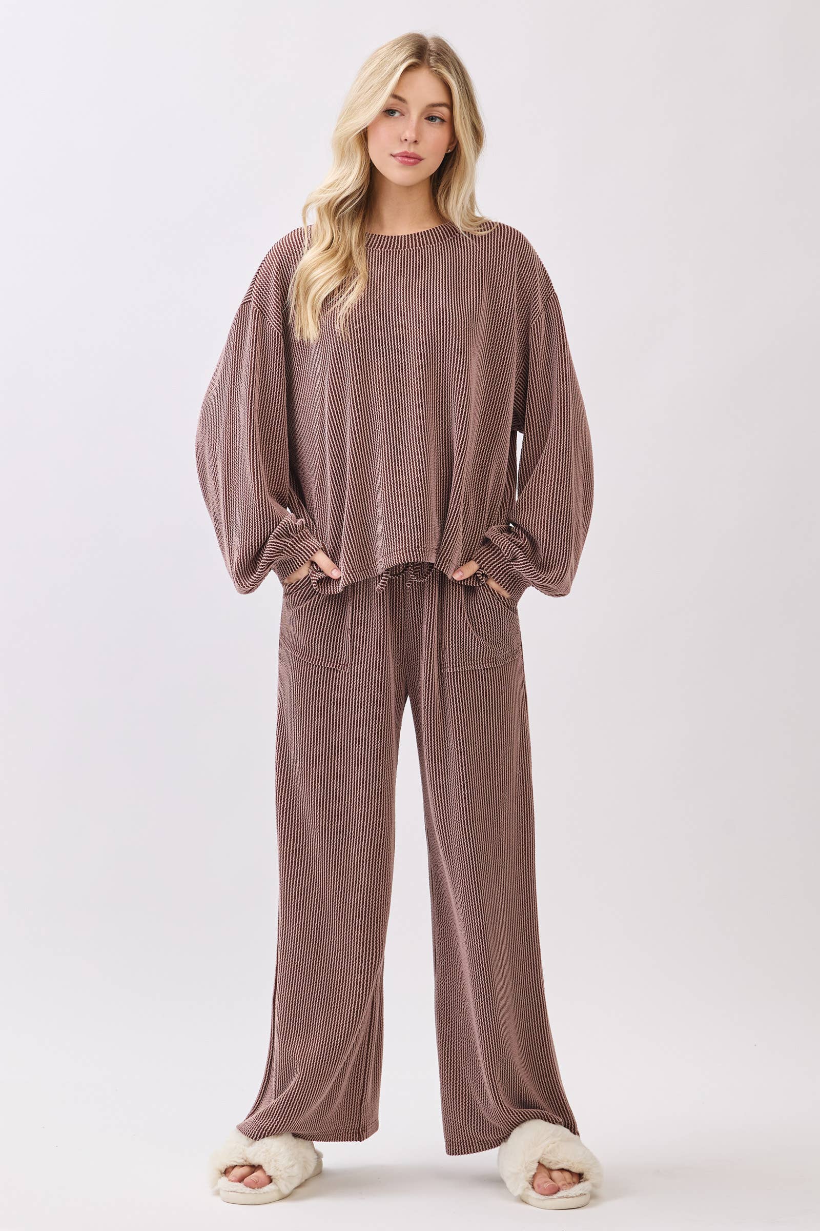 Brown Ribbed Knit Top and Wide Leg Pants Set