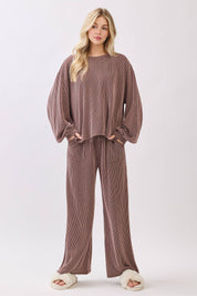 Brown Ribbed Knit Top and Wide Leg Pants Set