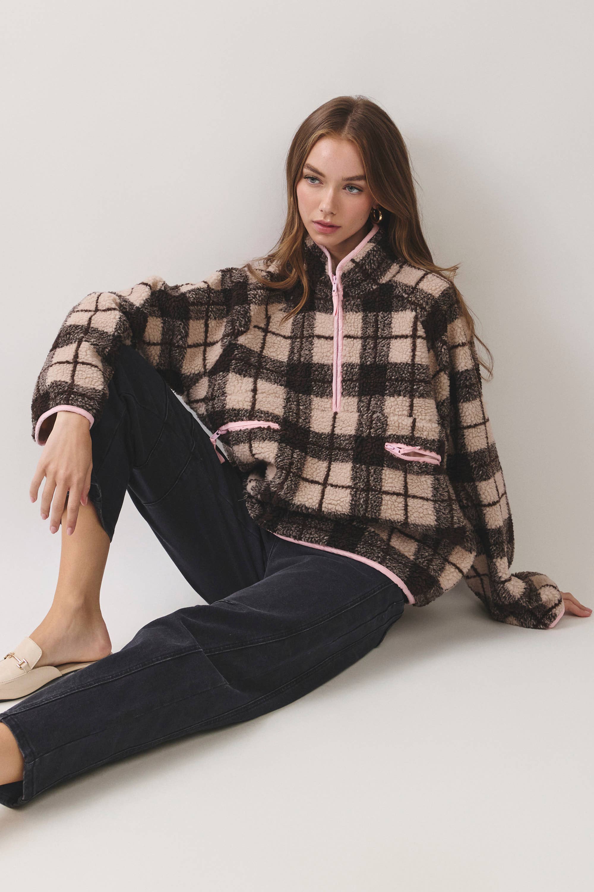 Brown & Pink Plaid Sherpa Half-Zip Jacket in a oversized