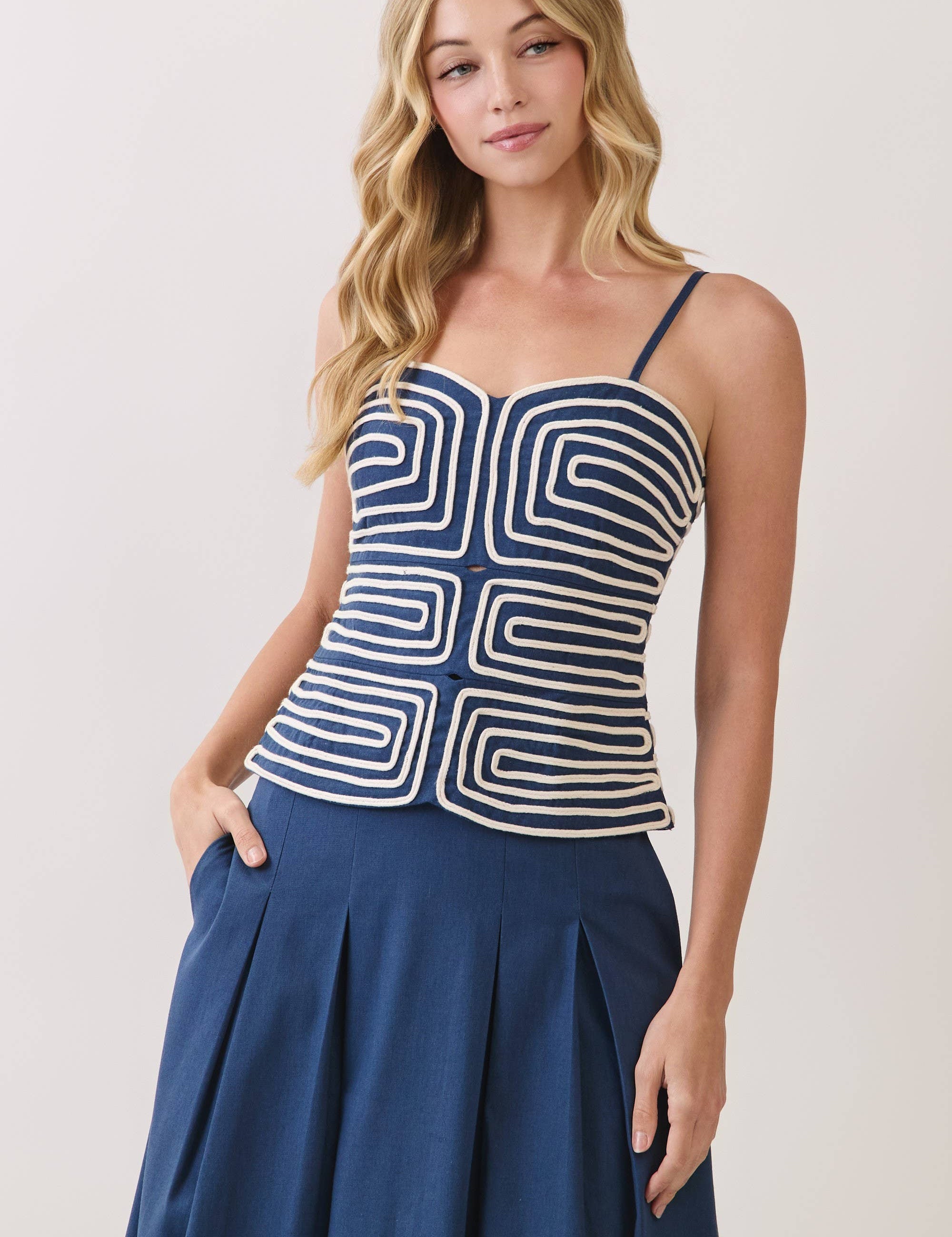 Navy Embroidered Corset Cami Top