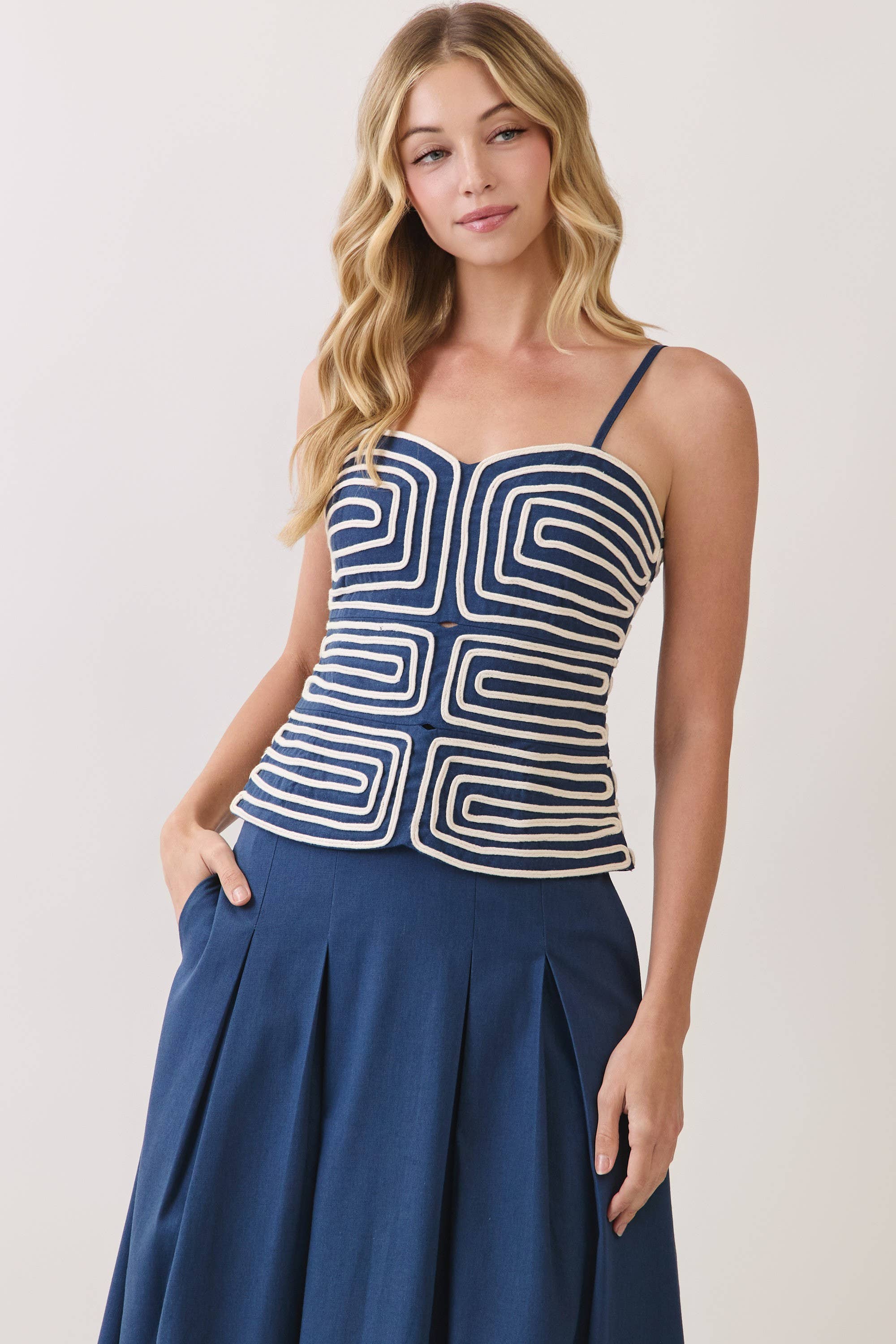 Navy Embroidered Corset Cami Top