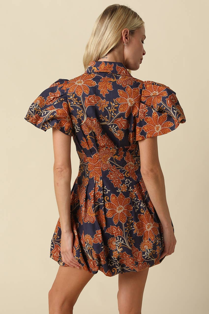 Navy & Orange Floral Bubble Mini Dress showing zipper-front bodice