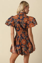 Navy & Orange Floral Bubble Mini Dress showing zipper-front bodice