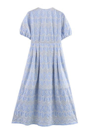 Blue Embroidered Short Sleeve Dress