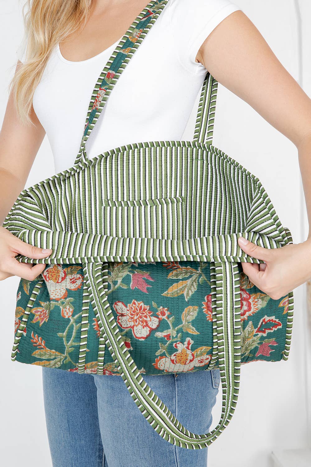 Green Floral Quilted Tote Bag