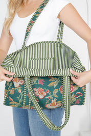 Green Floral Quilted Tote Bag