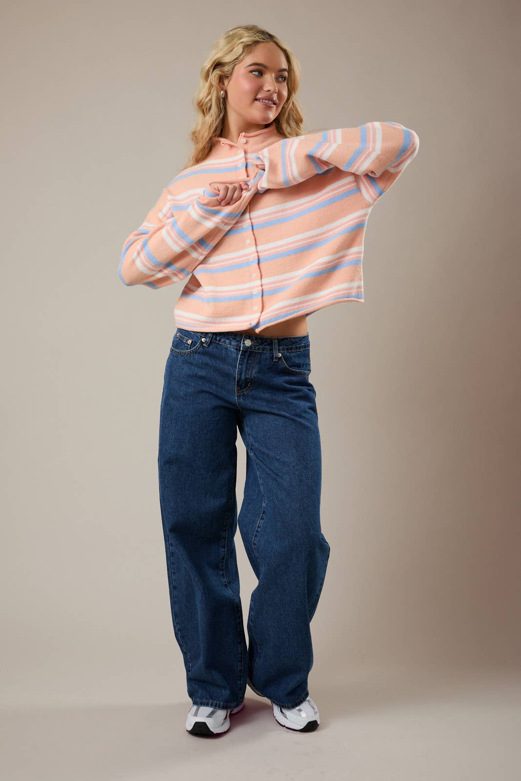 Pink Striped Rolled Hem Cardigan