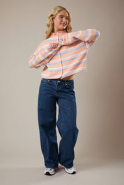 Pink Striped Rolled Hem Cardigan