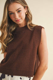 Brown Knit Ribbed Detail Open Back Top