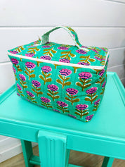Aqua Floral Quilted Large Cosmetics Bag