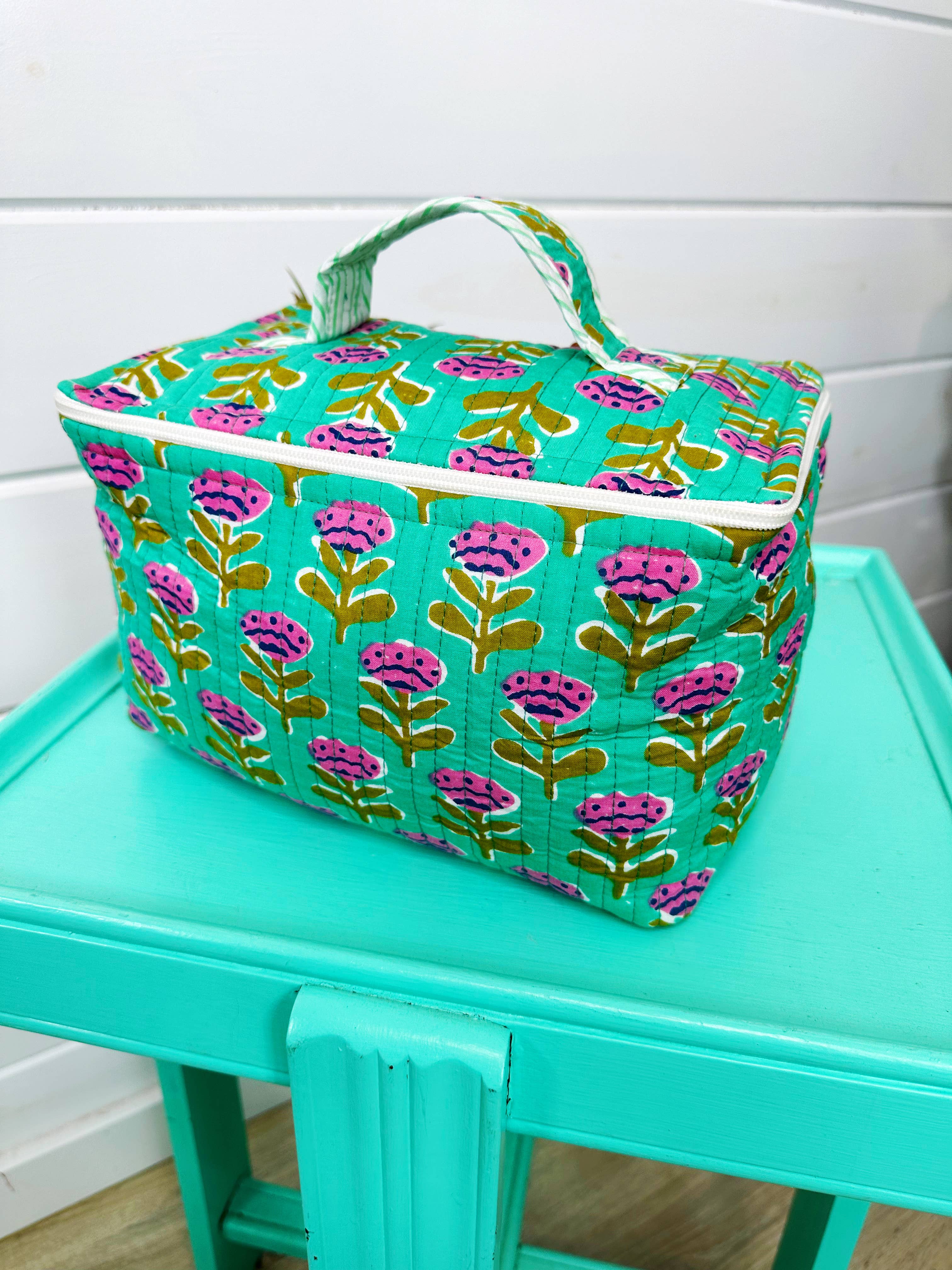 Aqua Floral Quilted Large Cosmetics Bag