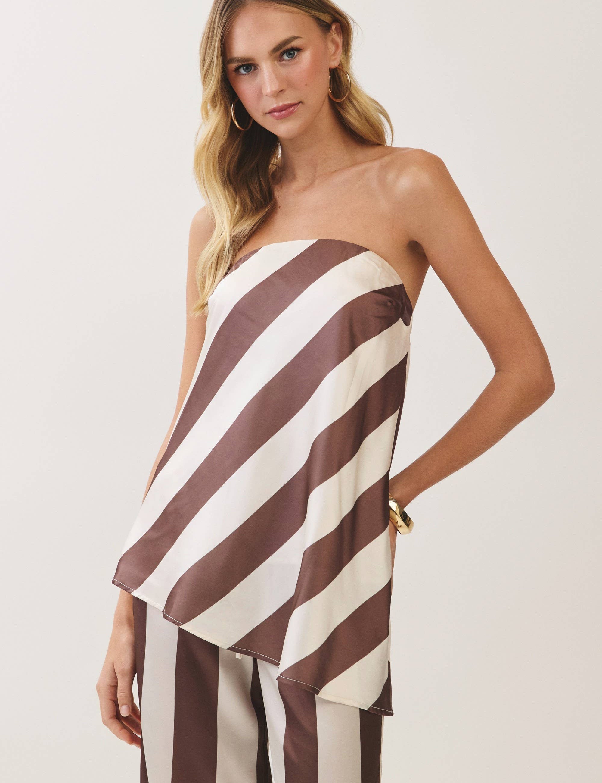 Brown Striped Strapless Top & Wide Leg Pant Set