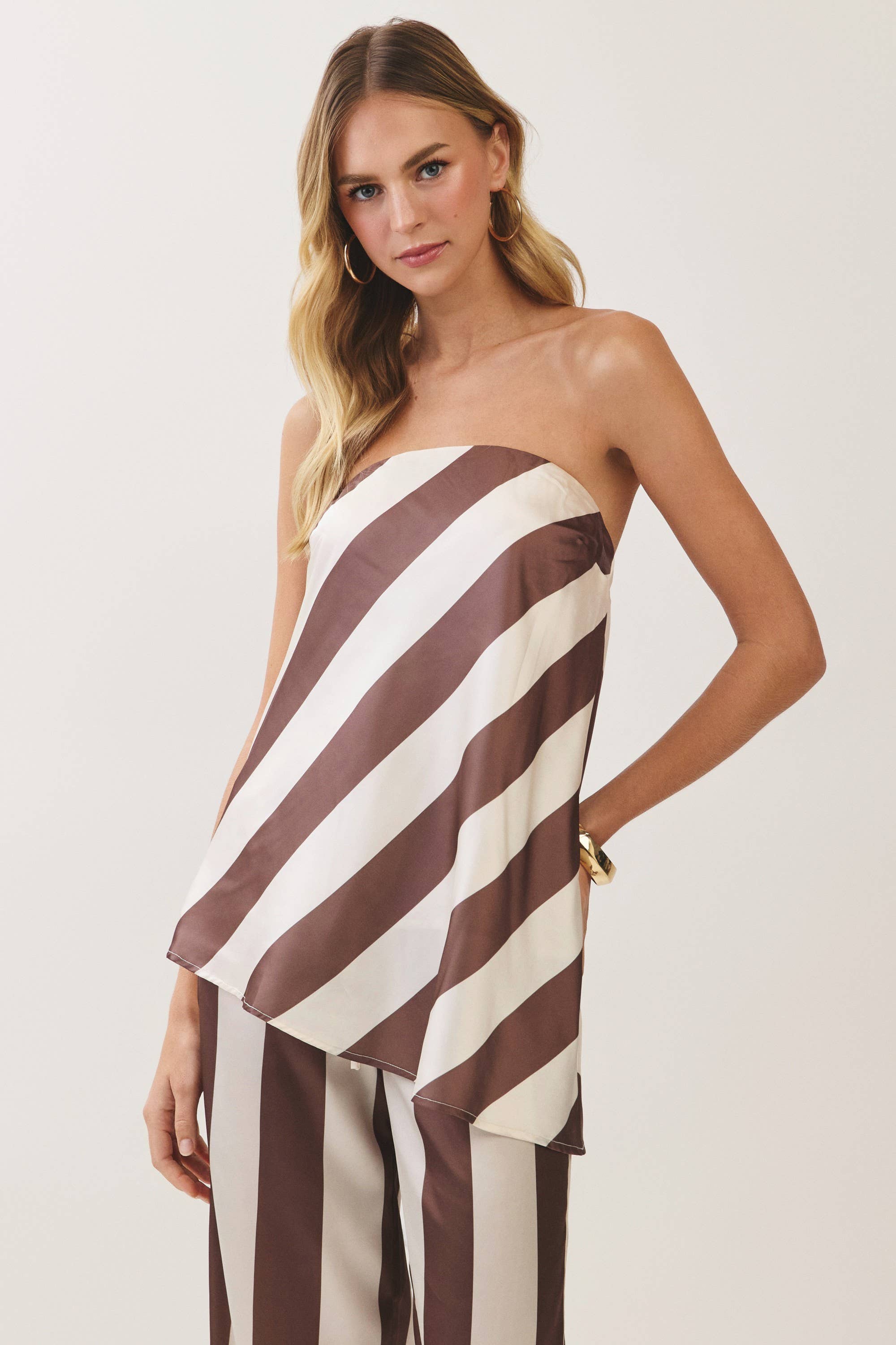 Brown Striped Strapless Top & Wide Leg Pant Set