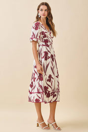 Floral Print Piping Puff Sleeve Dress